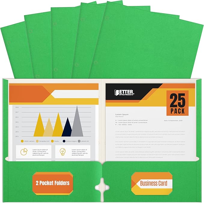 2 Pocket Portfolio Folders, 25 Pack, Trendy Cool Colors, Fits Letter Size Paper, for School, Office, Home, Matte Finish (Neon Green)