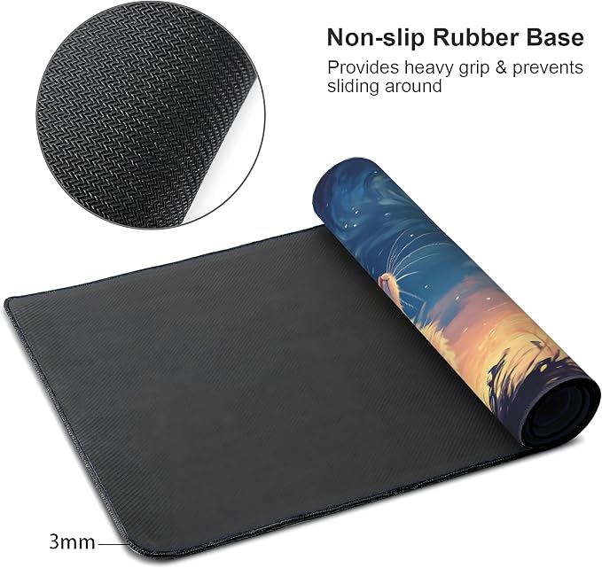 Cute Anime White Cat Gaming Mouse Pad, Blue Pink Van Gogh Desk Mat with Anti-Slip Base & Stitched Edges,35.4" x 15.7" in Table Mat for Computer Desktop, Beautiful Workstation Decor