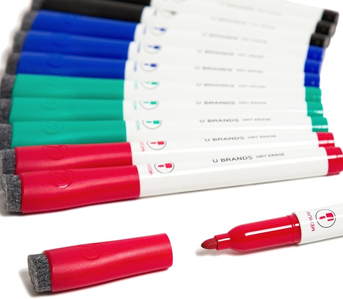 U Brands Dry Erase Markers with Eraser, Whiteboard Markers, Low Odor, Set of 12 (Assorted, Medium Point)