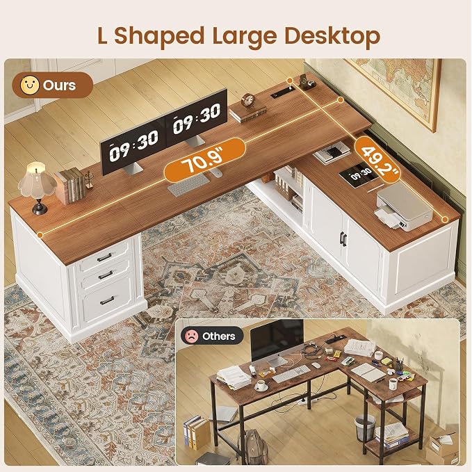 SEDETA Farmhouse L Shaped Desk with Drawers, 70.9" Home Office Desk with Storage Cabinet and Storage Shelves, L Shaped Computer Desk with Power Outlet，White+Brown