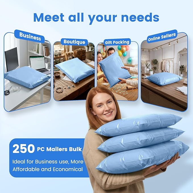 Metronic Poly Mailers 19x24 250Pc Large Shipping Bags for Clothes,Heavy Duty Shipping Envelopes for Small Business,Strong Adhesive Self-Seal Plastic Mailing Bags for ECommerce Packaging, Light Blue