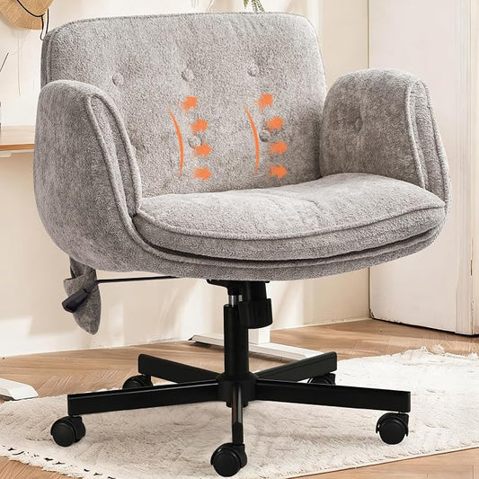 Criss Cross Chair with Lumbar Airbag & Folding Arms Relieve Back Pain, Wide Cross Legged Office Chair for Home Office, Comfy Swivel Desk Chair with Wheels, 5 Level Adjustable Armrest, Chenille(Grey)