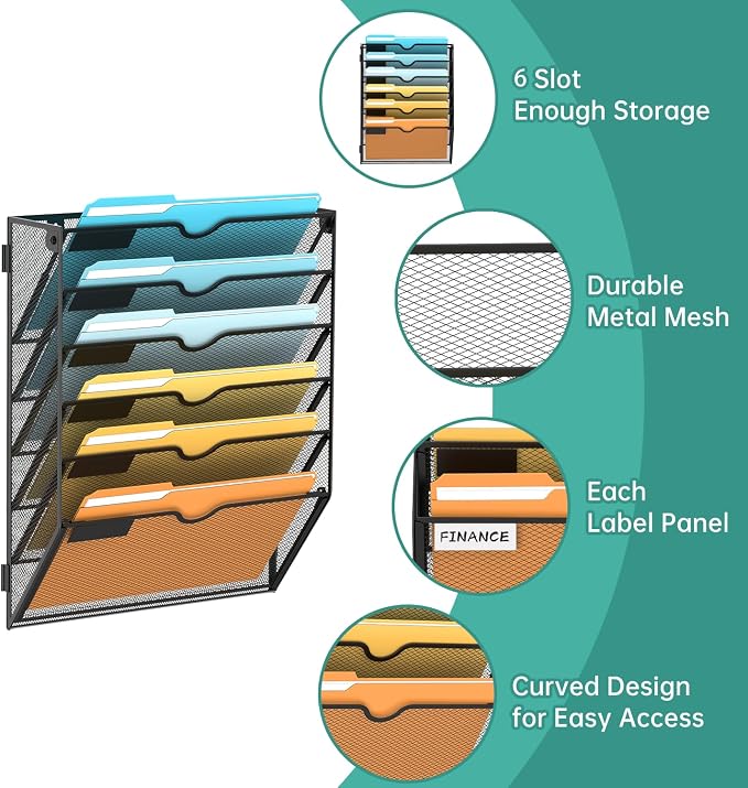 6 Tier Wall File Organizer, Hanging Wall Mounted Mail Organizer with Label Slots, Metal Mesh File Holder Magazine Rack for Office, Home, School or Classroom, Black