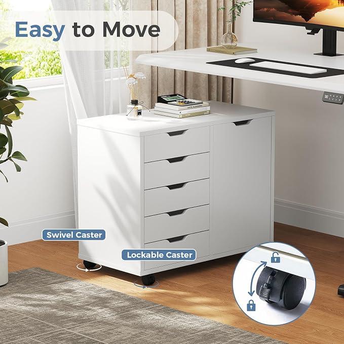 DUMOS 5-Drawer Mobile File Cabinet, Wooden Printer Stand with Storage | Under Desk Cabinets with Adjustable Shelf & Wheels for Home Office Organizer Storage Craft Room, White