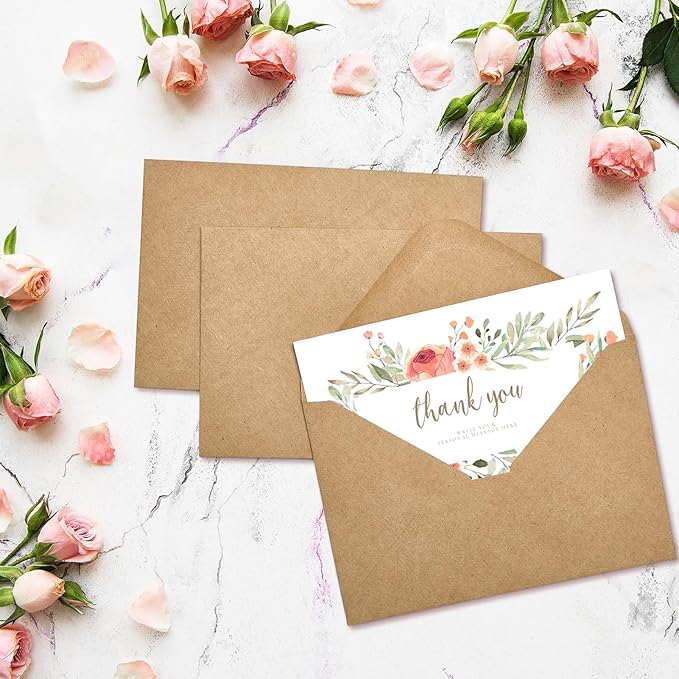 ACSTEP 100PACK Kraft 5X7 Envelopes,Brown A7 Envelopes Self Seal for Weddings, Invitations, Photos, Postcards, Greeting Cards Mailing,Baby Shower, Graduation With Thank You Stickers