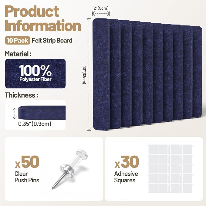 10 Pack 13"x2" Cork Board Strip with Removable Adhesive Squares & Push Pins | Pin Board Alternative Felt Strip Bulletin Board, Felt Board for Photo & Note Display, Home Office Decor - Navy Blue