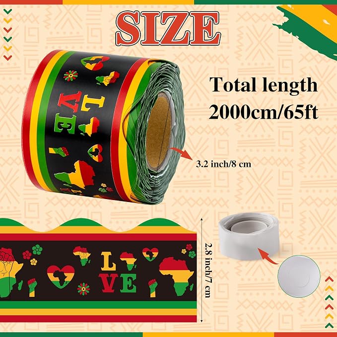 BeYumi Kwanzaa Bulletin Border Trim - 65ft Back to School Juneteenth Scalloped Rolled Border Trim African American Holiday LOVE Bulletin Board Borders Celebration Classroom Chalkboard Party Decoration