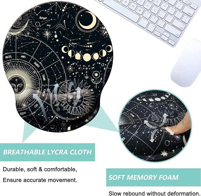 Mouse Pad with Wrist Support, Ergonomic Mouse Pad with Memory Foam Wrist Rest Cushion, Non-Slip Rubber Base Gaming Mice Pad for Home Office Computer Laptop, Moon Phase