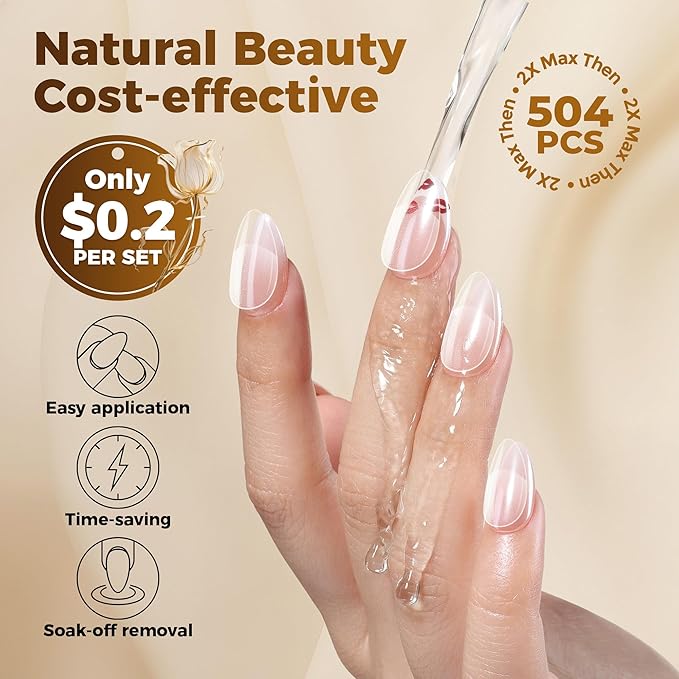 UNA GELLA Short Almond Nail Tips: 504PCS Short Fake Nails Soft Press On Gel Nail Tips Pre Shaped Almond Shape Home Nail Extension Full Cover, 12 Sizes Acrylic Gelly Tips