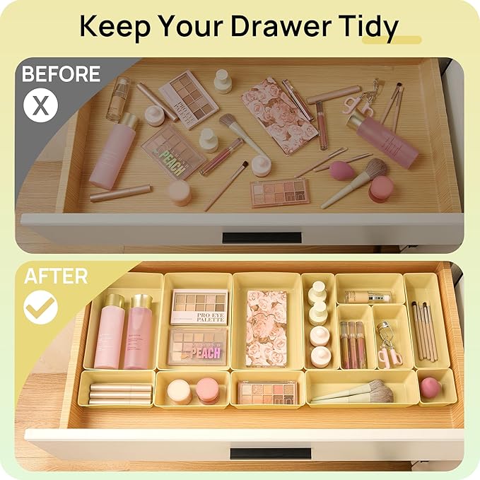 Vtopmart 25 Pack Plastic Drawer Organizers with Non-slip Rubber Pads | 4-Size Versatile Makeup Organizer, Storage Containers Small Bins for Makeup, Jewelries, Bedroom, Kitchen Utensils and Office