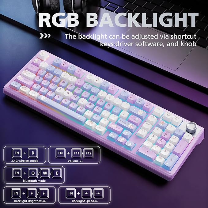 F98 Wireless Mechanical Keyboard 98%, RGB Backlit Creamy Keyboard with Number Pad & Knob, Hot Swappable 5-Pin, PBT Keycaps, Quiet Thocky Creamy Sound, Tri-Mode BT/2.4G/USB-C for Mac & PC, Pink