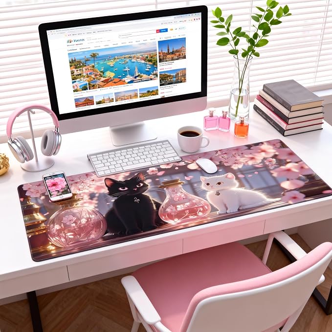 Cute Anime Black&White Cat Gaming Mouse Pad, Pink Dreamy Desk Mat with Anti-Slip Base & Stitched Edges,35.4" x 15.7" in Table Mat for Computer Desktop, Beautiful Workstation Decor