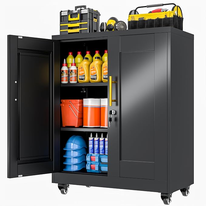 36" Metal File Garage Storage Cabinet with Lock and Wheels,Rolling Steel Locker Organizer,Office File Cabinet with 2 Doors and 2 Adjustable Shelves,Tool Cabinets for Home Office,Gym,School (Black)