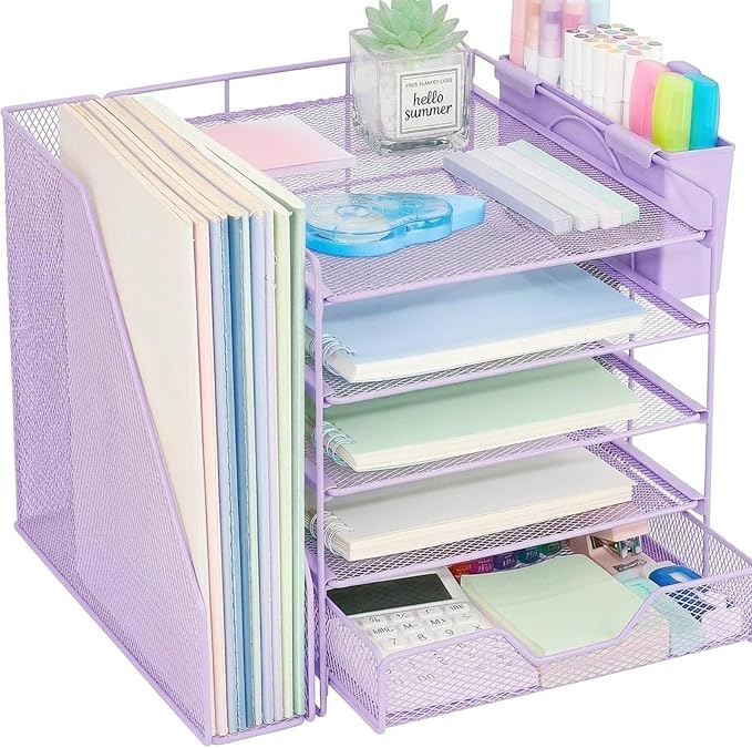 5-Tier Desk File Organizer with Drawer & Pen Holder (Purple) | Desk Organizers and Accessories, Office Desk Accessories & Workspace Desktop Organizers for Classroom, Home, Office Supplies