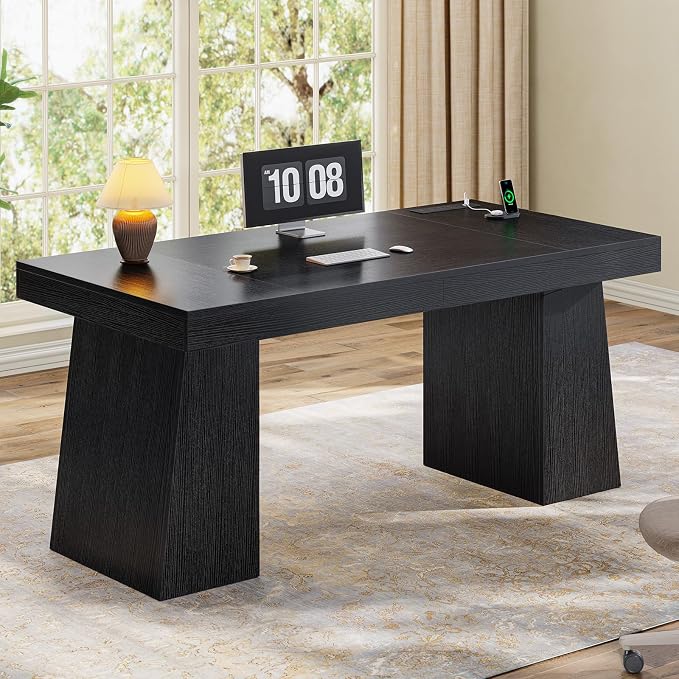 55.9 in Executive Desk with Power Outlets, Modern Home Office Desk with Storage Cabinet, Wood Computer Desk Business Workstation Desk Conference Table, Black (Storage Cabinet)