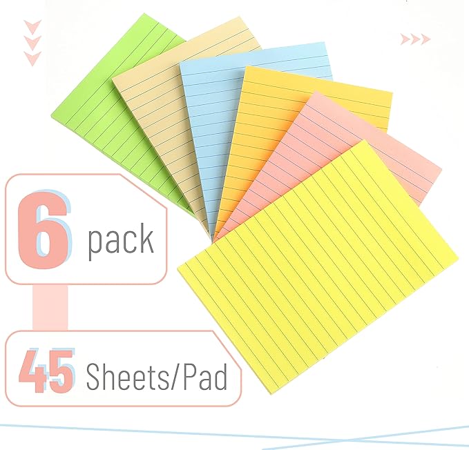 Mr. Pen- Lined Sticky Notes 4x6, 6 Pads, 45 Sheets/Pad, Pastel Color, Sticky Notes with Lines, Ruled Post Stickies, Stocky Notes for Bible Journaling