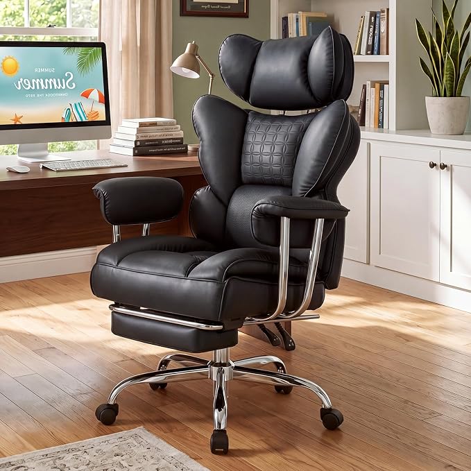 DUMOS Big and Tall Home Office Desk Chair, Executive Chair with Footrest | Ergonomic Reclining, Scratch-Resistant PU Leather, Pocket Spring Support, 400 LBS Weight Capacity, Black
