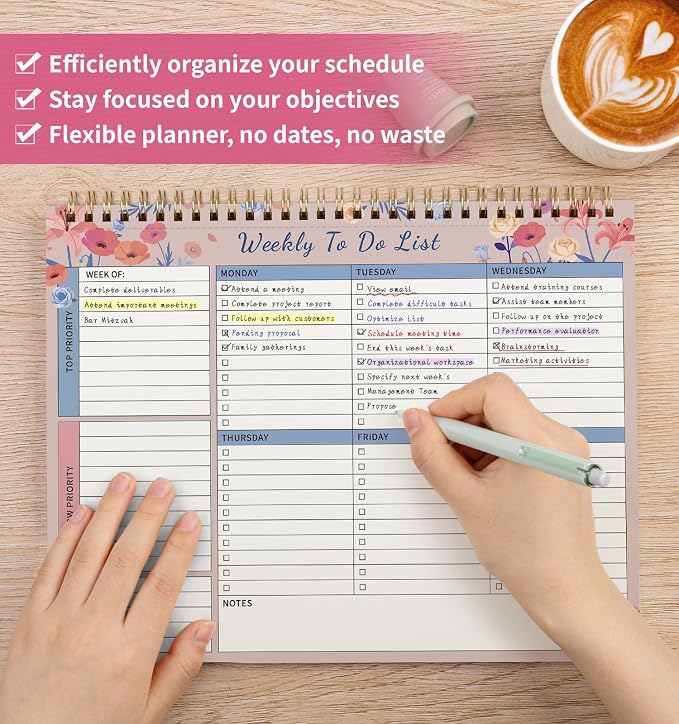 104 Pgs Weekly To Do List Notepad 52 Duplex-Printed Undated Sheets 100 GSM | （8.5"×11") Weekly Desk Planner For Work Home School Office Desk Accessories Supplies & Goal Setting Tasks -Pink Floral