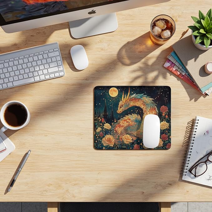 Mystical Dark Academia Dragon Mouse Pad, Art Nouveau Floral Moonlight Dragons Mouse Pads Mousepad for Home Office Dorm Computers Laptop Supplies Desk Accessories, 9.5x7.9 Inch