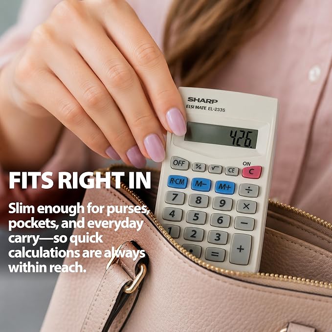 Sharp 8-Digit Battery-Powered Pocket-Size Calculator, Standard Function Wallet Calculator with LCD Display, Fits in Purses, Pockets & Workbags, 4 x 2.4-Inches, White (EL233SB)