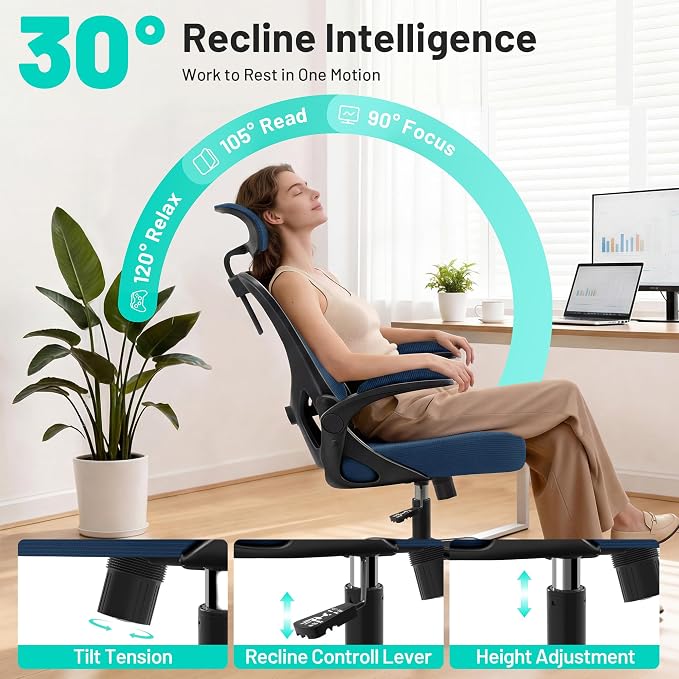 Office Chair - Ergonomic Desk Chair Breathable Mesh Chair with 2D Headrest & Adjustable Lumbar Support - Executive High Back Rolling Swivel Computer Gaming Chair with Wheels Flip-up Armrests