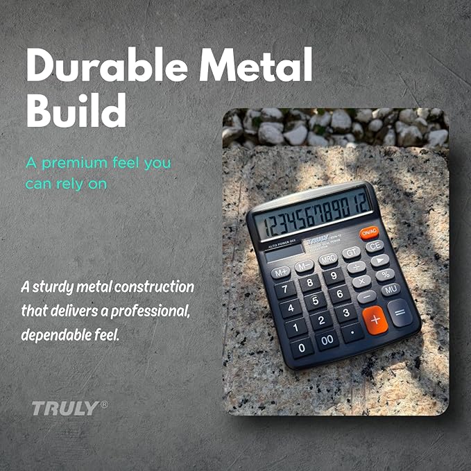 TRULY 12-Digit Desktop Calculator with Large Display, Big Buttons, Dual Power (Solar + Battery), Metal Finish, Ideal for Office, Home, School – 837A Pro Black