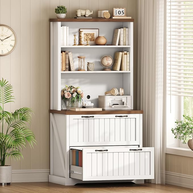 SEDETA 2 Drawer Filing Cabinet, Farmhouse File Cabinet for Home Office with Storage Shelves, Wood Tall Office Filing Cabinet fits Letter, Legal, A4 Size, Lateral File Cabinets with Bookshelf, White