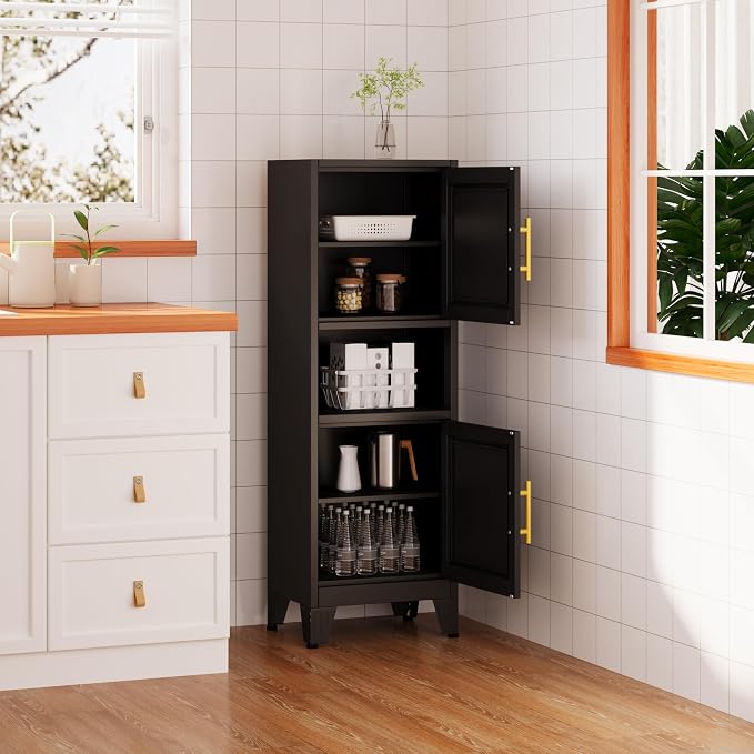 Metal Tall Narrow Bathroom Storage Cabinet, Freestanding Floor Cabinet with 2 Doors and Adjustable Shelves, Pantry Storage Cabinets for Bathroom, Living Room, Entryway and Kitchen (Black)