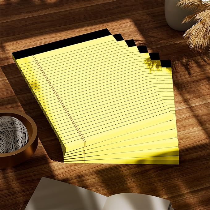 Legal Pads 8.5 x 11 inch Wide Ruled 6 Pack, Lined Note Pads Canary Yellow Paper 21lb, Yellow Notepad 30 Sheets Per Writing Pad, Double Sided Printed Perforated Notepads Ideal for Home, Office, School