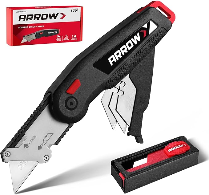 ARROW Utility Knife, Speed Release Folding Knife with Blade Storage Design, Quick Change Box Cutter with Belt Clip and Landyard Hole, Extra 13 Pieces SK2 Blades Included