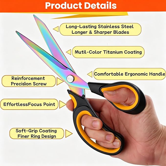 Multi-Purpose Scissors, 9.5" Sharp Sewing Scissors, Professional Heavy Duty Titanium Coating Forged Stainless Steel Shears for Fabric Leather, Dressmaking, Tailoring, Home, Office & School