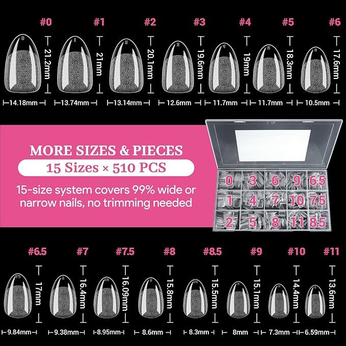Short Almond False Nail Tips, 15 Sizes 510 PCS Clear Soft Press On Fake Nail Pre-shaped Half Matte Full Cover Gel Nail Tips Extensions Strong Thick Long Lasting for DIY Beginners & Salon Manicure