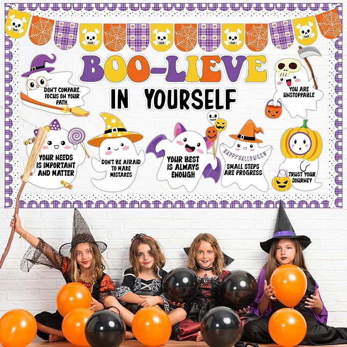 Halloween Ghost Bulletin Board Set Classroom Decorations Cute Ghost Paper Cutouts Halloween Theme Motivational Inspirational Bulletin Board for School Classroom Home Office Wall Door Decor Supplies