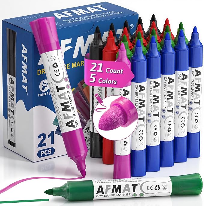 AFMAT Dry Erase Markers, 21-Count 5 Colors Whiteboard Markers, Bullet Tip, High-Capacity Liquid Ink for 1,700m Writing Length, w/Visible Ink Level, Low Odor Erasable for Teacher Office Classroom