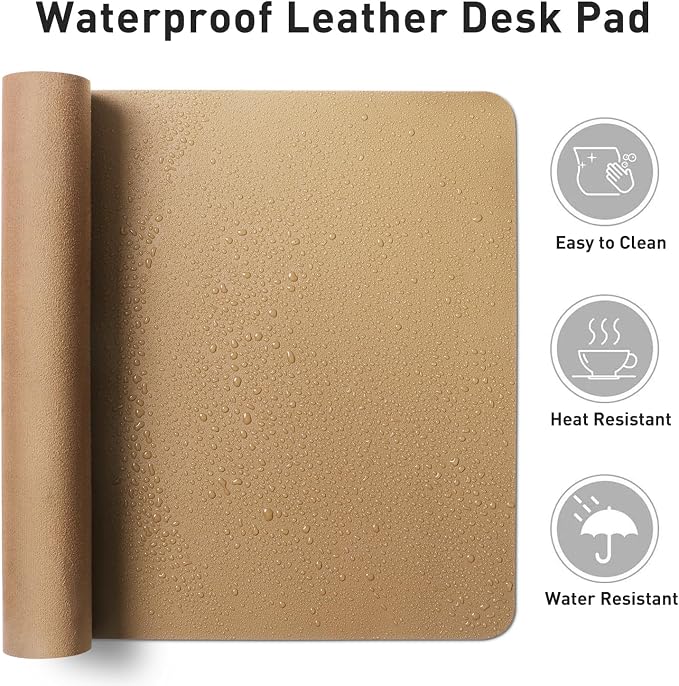 Aothia Faux Leather Desk Mat, Waterproof Desk Pad (Khaki, 23.6" x 13.7") | One large surface for your keyboard, laptop and mouse, reducing desktop clutter without a separate mouse pad