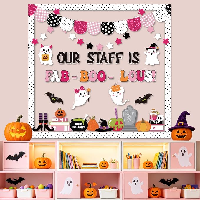 75Pcs Halloween Bulletin Board Decorations Set, Our Staff is Fab-Boo-Lous Halloween Pink Classroom Decor, Cute Boo Ghost Bat Paper Cutouts for School Office Door Wall Decor