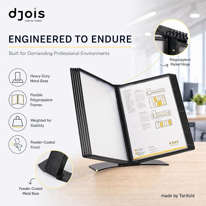 Tarifold Desktop Reference System, 10 Pockets with Easy-Load Design, Black | 10 Double-Sided Pockets, Holds 20 Letter-Size Sheets, Sturdy Metal Base, Quick and Easy to Assemble