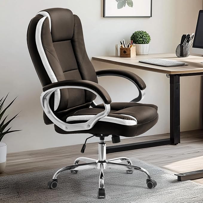 NEO CHAIR Office Desk Chair PU Leather Chair with Lumbar Support, Brown | Ergonomic High Back Executive Computer Chair, Comfortable Padded Fixed Armrests Swivel Chair with Wheels for Office/Home
