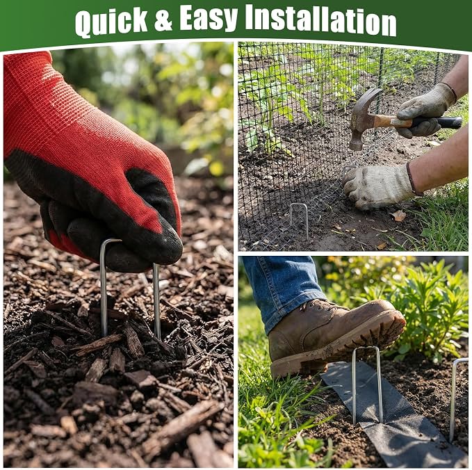 HOOPLE 100 Pack 8 Inch Landscape Staples 11 Gauge Heavy Duty Galvanized Garden Stakes, Sod Pins for Weed Barrier Fabric, Artificial Turf, Drip Irrigation, Lawn Edging & Ground Cover