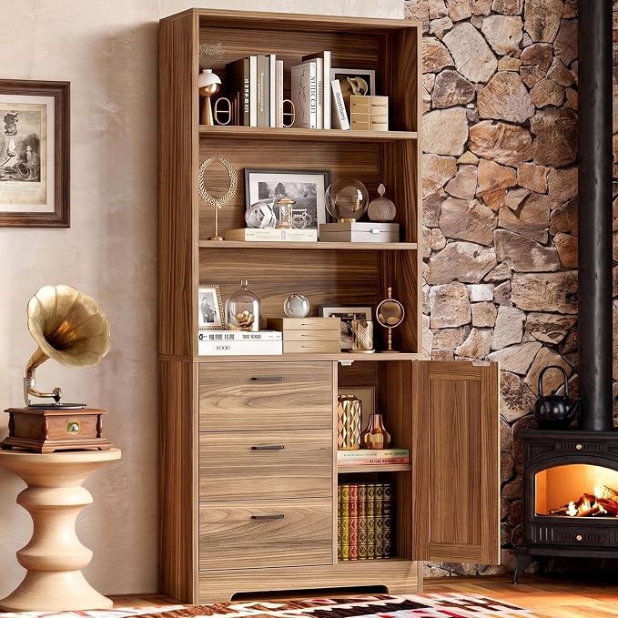 IRONCK 71 in Bookshelf with Doors and Drawers, Industrial Tall Bookcase | Engineered wood with 3-tier shelves, 3 drawers, enclosed storage, anti-tip hardware, 132 lb maximum capacity, for home office