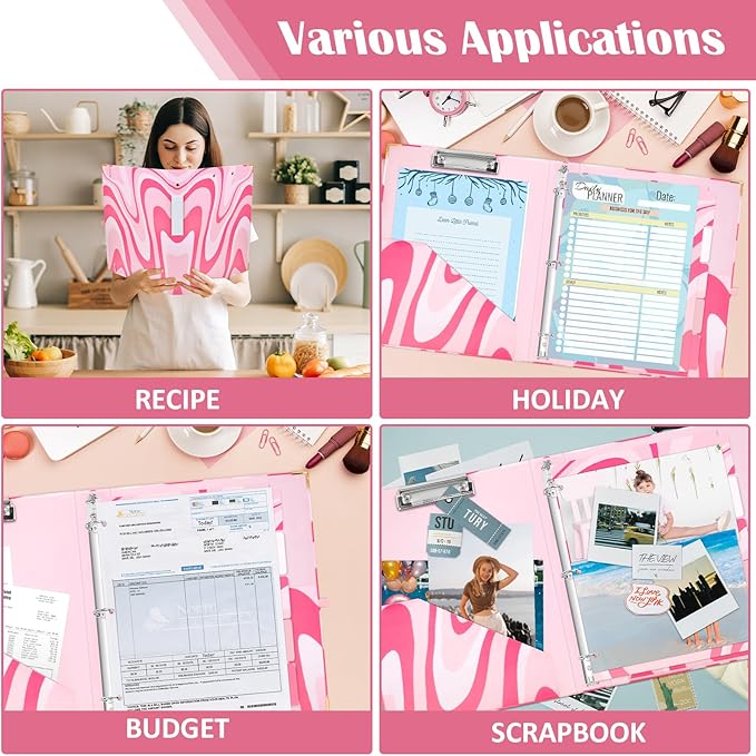3 Ring Binder 1 Inch Three Ring Binder Cute Binder Fits A4 Paper Decorative Clipboard Binder with 5 Tab Dividers for School Office Supplies (Pink Ripple)