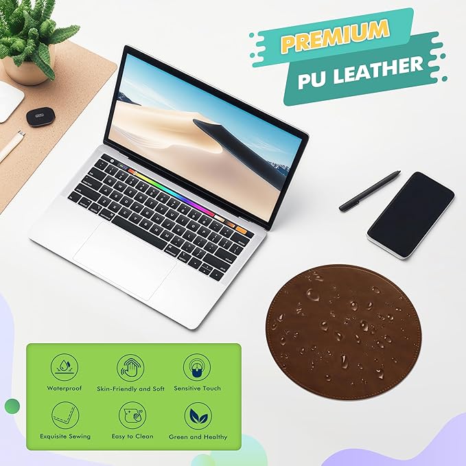 PU Leather Mouse Pad with Stitched Edge, Micro-Fiber Base, Non-Slip Waterproof for Computers, Laptop - Round 9 x 9 Inch (Dark Caramel Brown)
