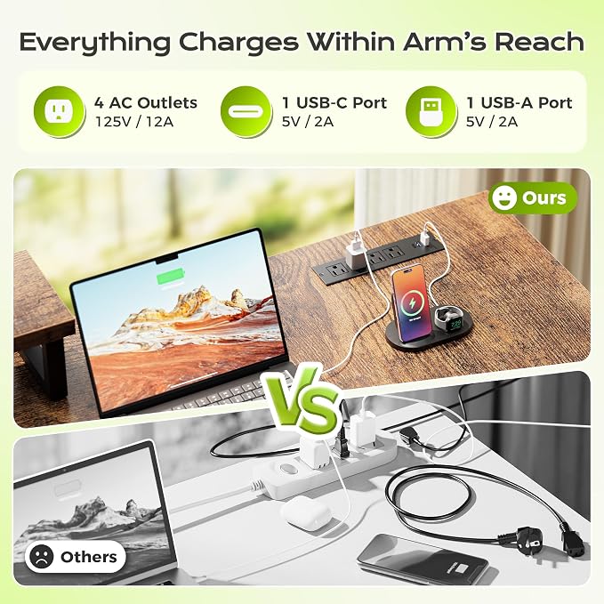 53" L Shaped Computer Desk, Outlets, Monitor Stand, Rustic Brown | USB-C Ports, Reversible Charging Station, Spacious Desktop & Legroom, 0.94 Inch Thick Desktop, for Gaming, Study & Work