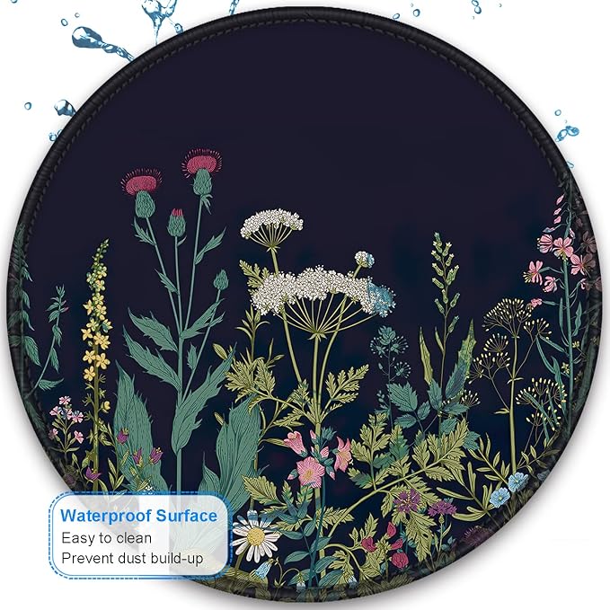 BOSOBO Mouse Pad, Round Floral Mouse Mat, Cute Mouse Pad with Design, Non-Slip Rubber Base Mousepad with Stitched Edge, Waterproof Women Office Mouse Pads, Small Size 7.9" x 7.9", Black Flowers