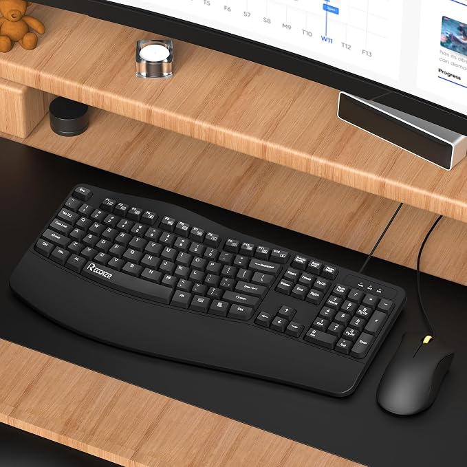 RECCAZR Ergonomic Keyboard, Wired Computer USB Keyboard with Wrist Rest | Spill-Resistant, Wave Keys for Natural Typing, Compatible with Windows/PC/Laptop(Black)