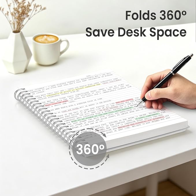 EMSHOI Lined Spiral Journal Notebook, 300 Pages, B5 Size (7.4'' x 10.1'') | College Ruled, 100 GSM Thick Paper, Flexible Plastic Cover, for School, Writing, Work, Office & Journaling (Transparent)