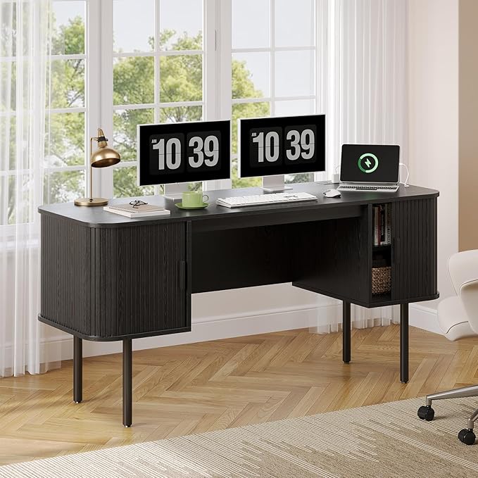 ONBRILL 63 Inch Fluted Computer Desk with Charging Station, Mid Century Executive Desk with 2 Storage Cabinets, Modern Home Office Large Desk with Metal Legs for Working, Studying, Writing, Black