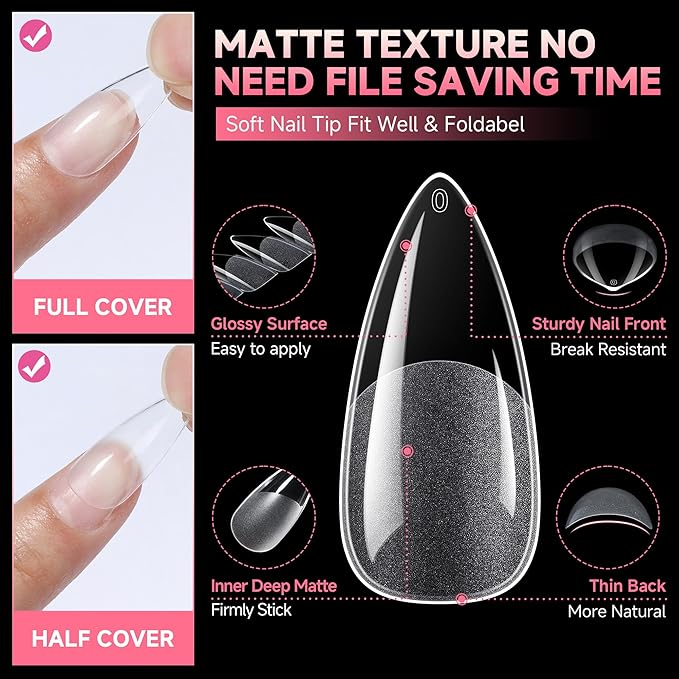 UNA GELLA Medium Stiletto Nails Tips,504Pcs Press-on Nails Stiletto Clear Gel Nail Tips, Full Cover Pre-Etched Fake Acrylic Nails, Sturdy for Nail Extensions Home Art Salon 12 Sizes