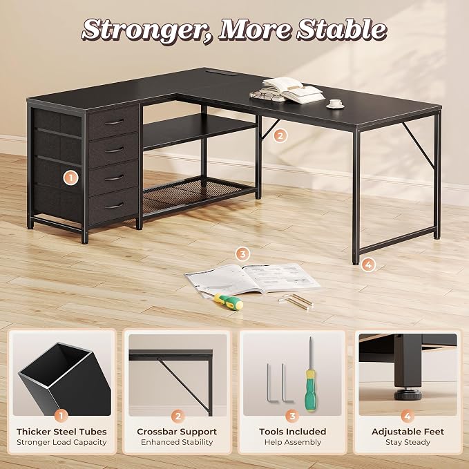 53" L Shaped Desk with Power Outlets & 4 Drawers | Reversible Computer Desk with 2 Storage Shelves, Large Corner Office Desk for Gaming Writing Work Study, Black