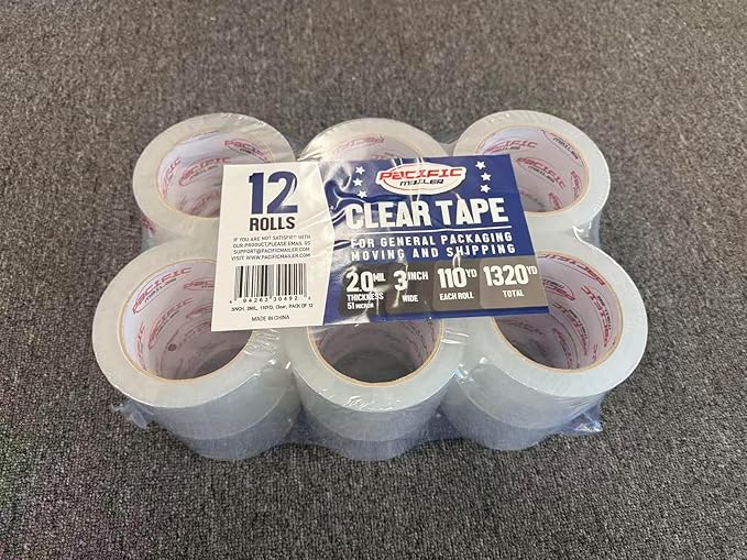 Pacific Mailer Clear Packing Tape, Packaging Tape for Shipping Packaging Moving Sealing, 3 Inch Wide, 2.0mil Thickness, 110 Yard Per Roll [Pack of 12 Rolls]